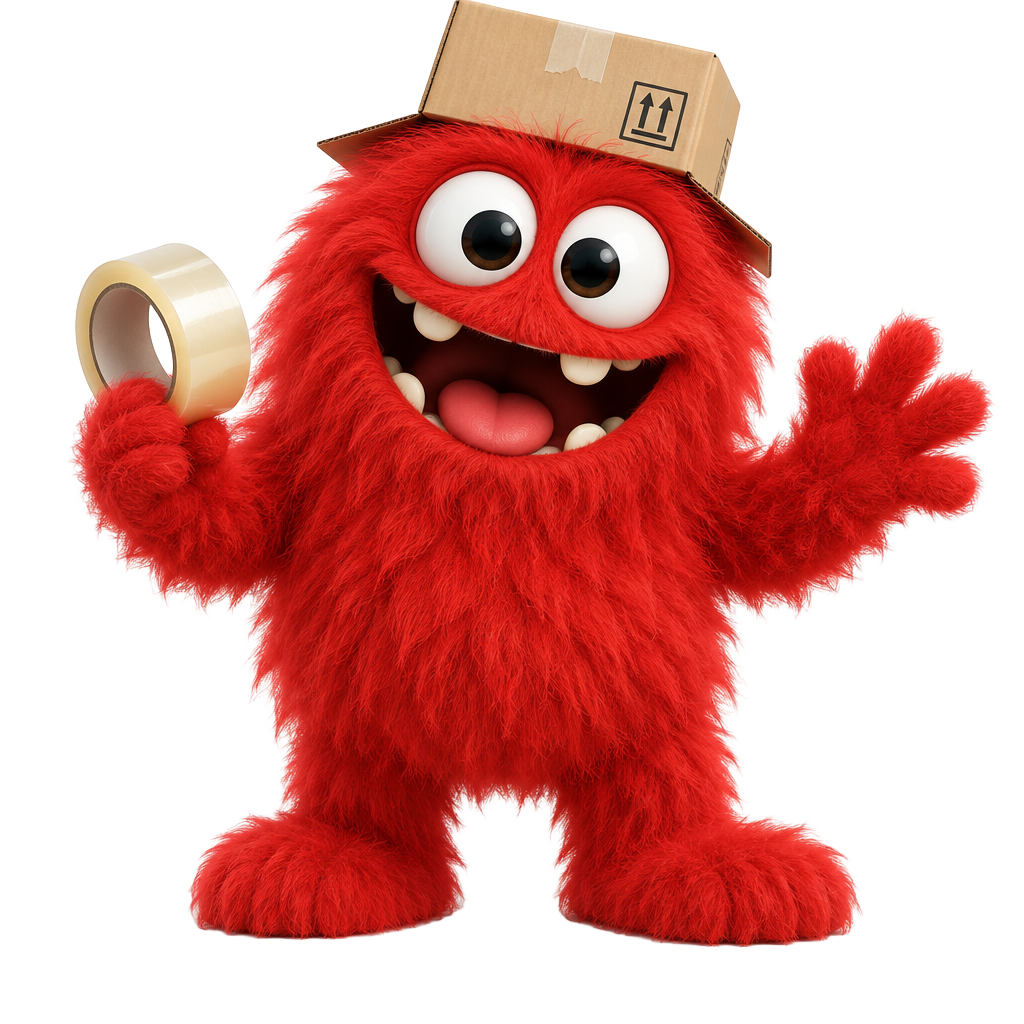 Rude Utilities' fuzzy red mascot wearing a cardboard box hat
